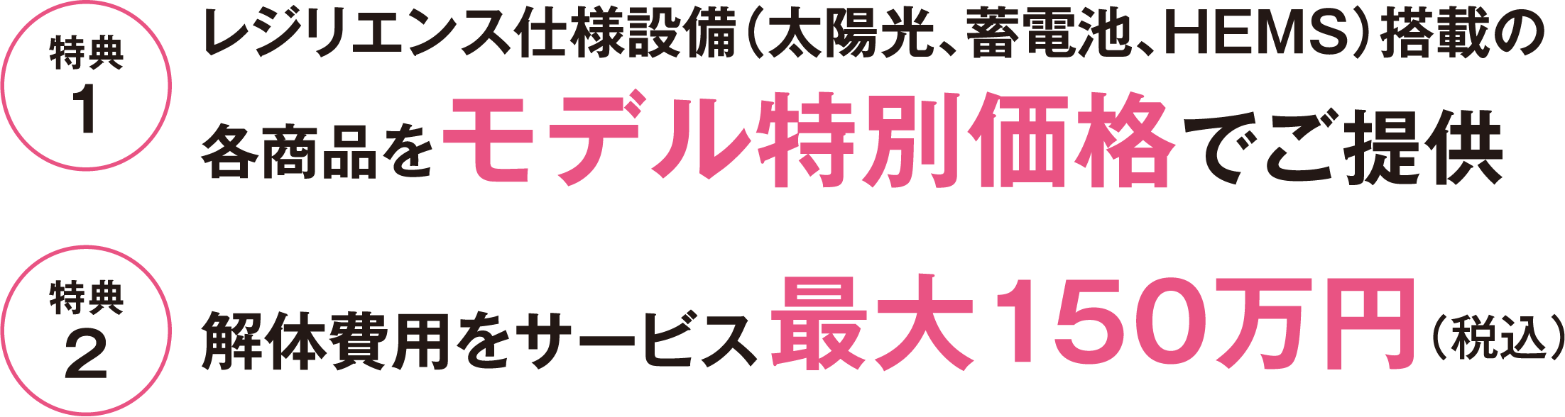 レジリエンス仕様設備（太陽光、蓄電池、HEMS）搭載の
各商品をモデル特別価格でご提供 解体費用をサービス最大150万円（税込）